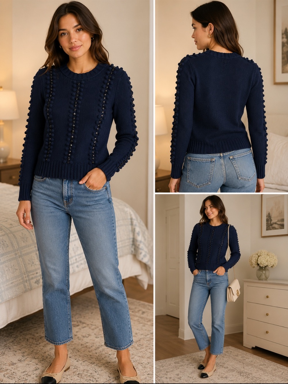 Tory Burch Navy Embellished Knit Sweater XS Pom Detail